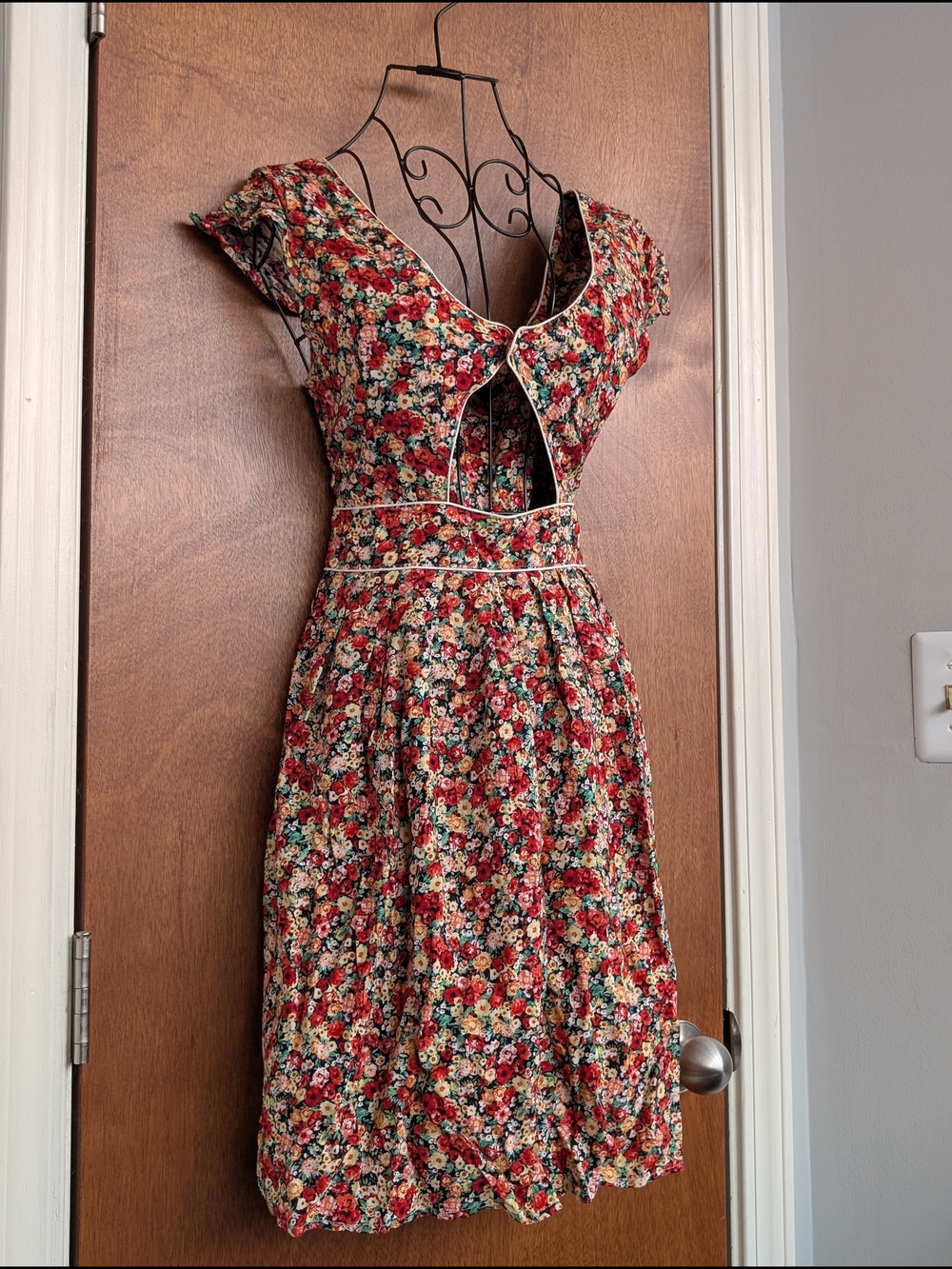 American Rag Red Floral Midi Dress with Cream Trim